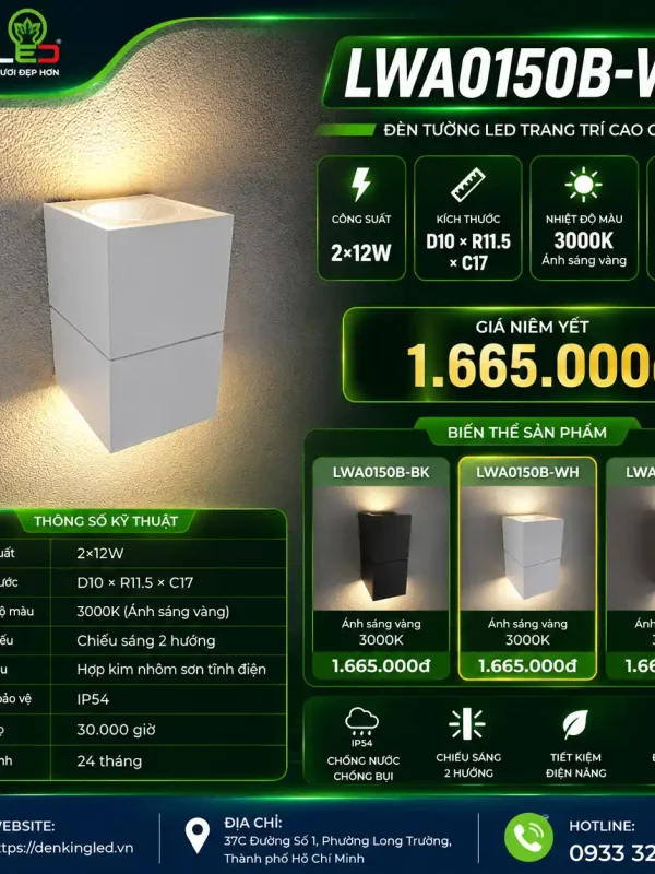 Đèn led Gắn Tường Ngoài Trời Kingled Vỏ Trắng 2x12W kích thước D100xR115xC170mm