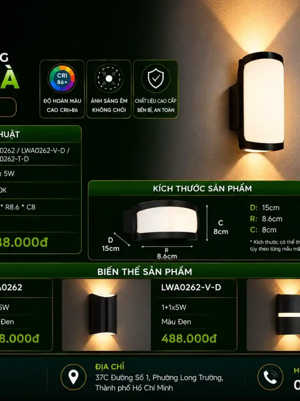 Đèn led Gắn Tường Ngoài Trời Kingled Vỏ Đen 5W kích thước D150xR86xC80mm