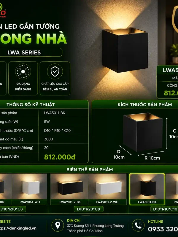 Đèn led Gắn Tường Trong Nhà Kingled Vỏ Đen 5W kích thước D100xR100xC100mm