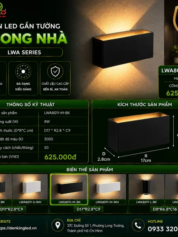Đèn led Gắn Tường Ngoài Trời Kingled Vỏ Đen 12W kích thước D170xR28xC90mm