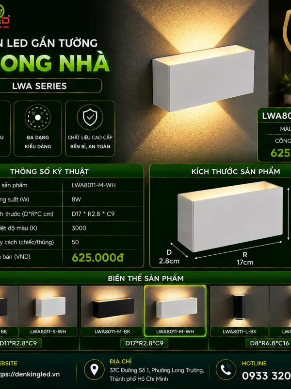 Đèn led Gắn Tường Ngoài Trời Kingled Vỏ Trắng 12W kích thước D170xR28xC90mm
