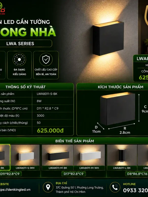 Đèn led Gắn Tường Ngoài Trời Kingled Vỏ Đen 8W kích thước D110xR28xC90mm