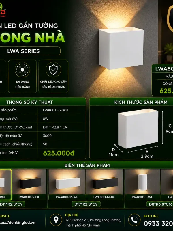 Đèn led Gắn Tường Ngoài Trời Kingled Vỏ Trắng 8W kích thước D110xR28xC90mm
