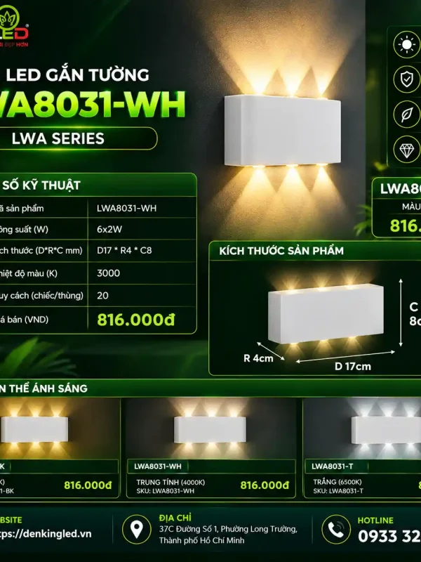 Đèn led Gắn Tường Ngoài Trời Kingled Vỏ Trắng 6x2W kích thước D170xR40xC80mm