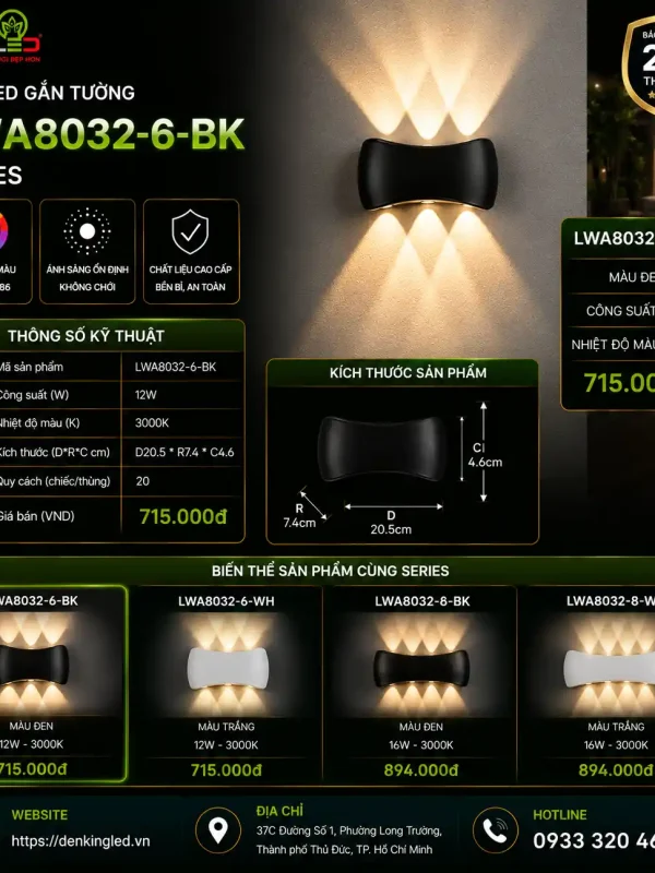 Đèn led Gắn Tường Ngoài Trời Kingled Mới, Vỏ Đen 12W kích thước D205xR74xC46mm