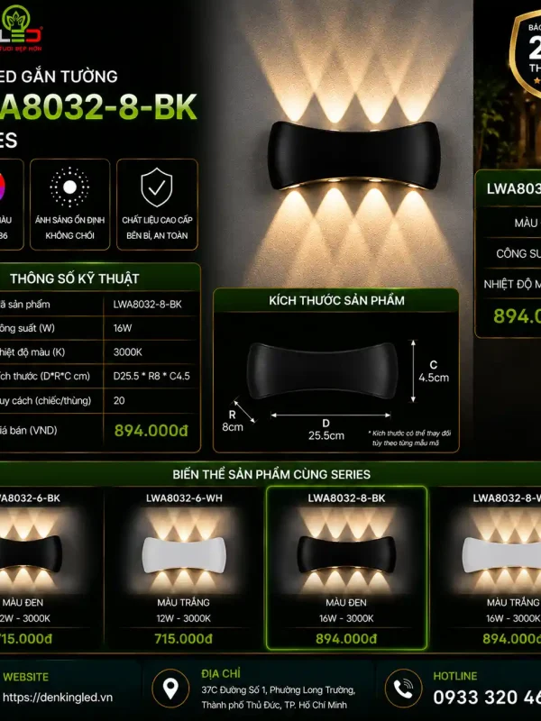 Đèn led Gắn Tường Ngoài Trời Kingled Vỏ Đen 16W kích thước D255xR80xC45mm
