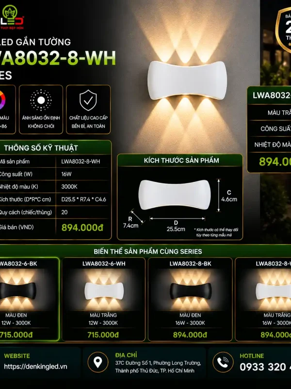 Đèn led Gắn Tường Ngoài Trời Kingled Vỏ Trắng 16W kích thước D255xR80xC45mm