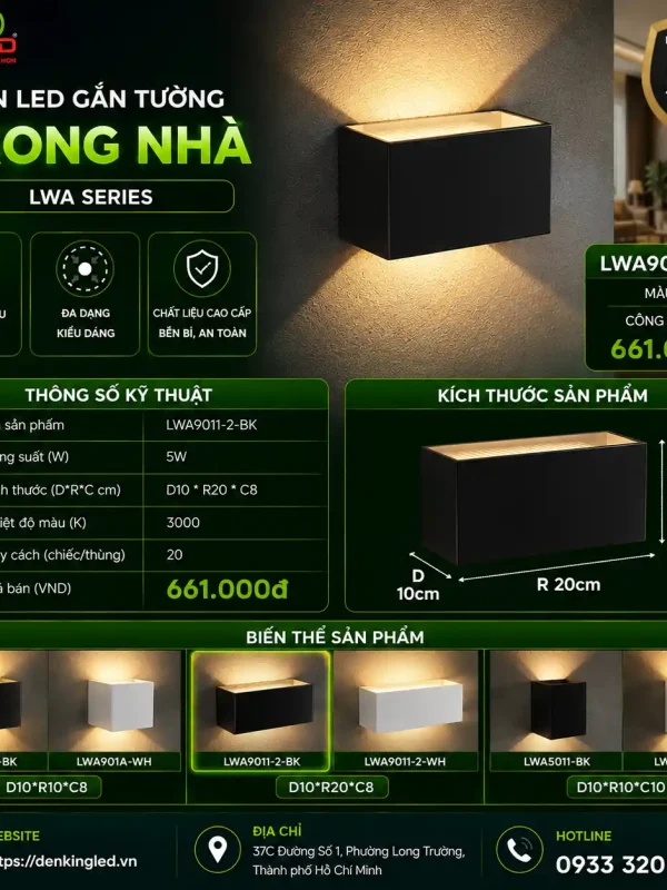 Đèn led Gắn Tường Trong Nhà Kingled Vỏ Đen 5W kích thước D100xR200xC80mm