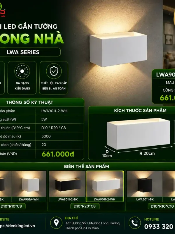 Đèn led Gắn Tường Trong Nhà Kingled Vỏ Trắng 5W kích thước D100xR200xC80mm