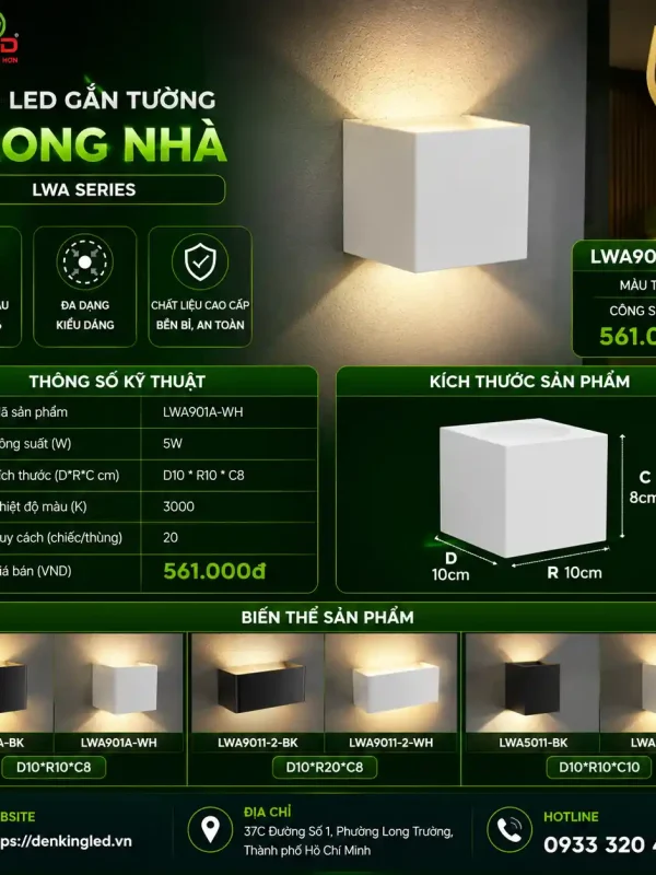 Đèn led Gắn Tường Trong Nhà Kingled Vỏ Trắng 5W kích thước D100xR100xC80mm
