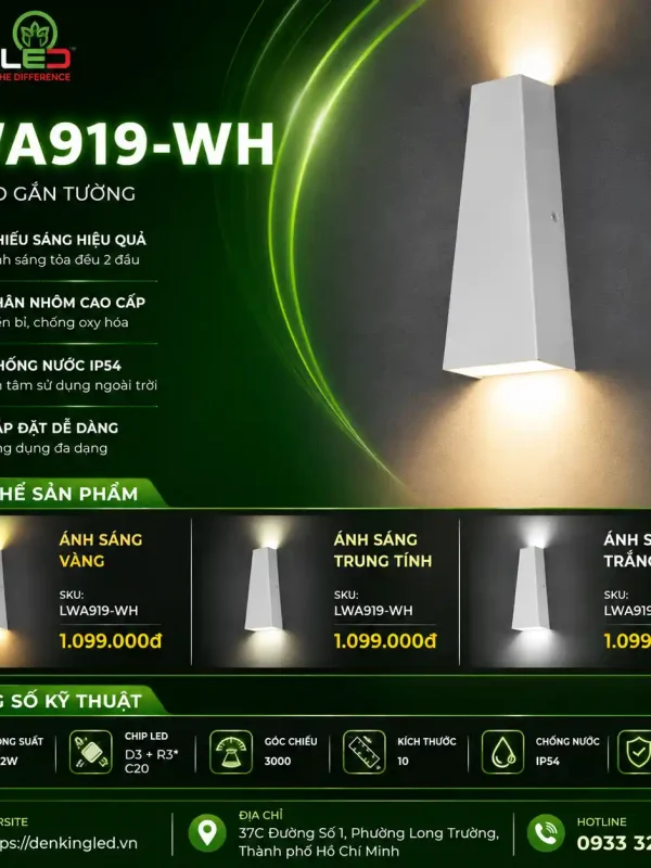 Đèn led Gắn Tường Ngoài Trời Kingled Vỏ Trắng 2x5W kích thước D90xR90xC200mm