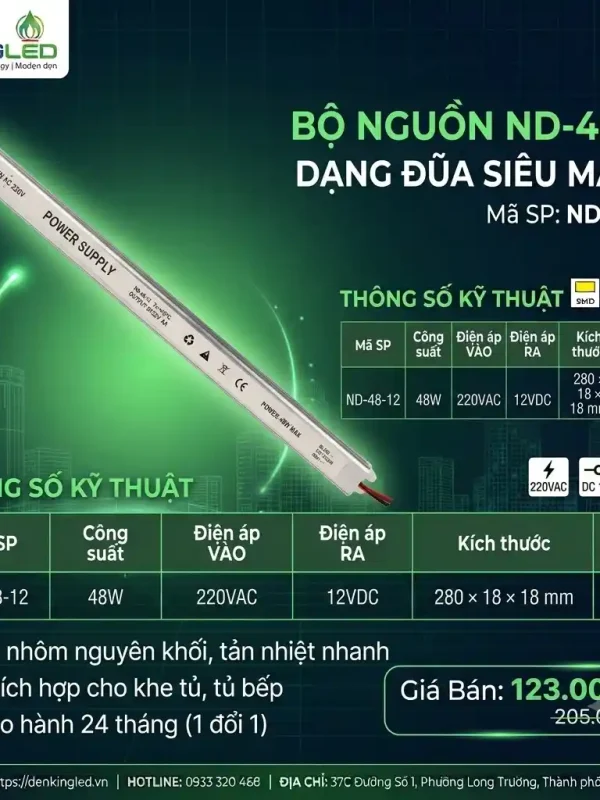 Phụ Kiện Nguồn Thanh Nhôm Định Hình Kingled Nguồn đũa 12V 48W kích thước 280x18x18mm