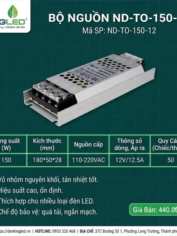 Phụ Kiện Nguồn Thanh Nhôm Định Hình Kingled Nguồn tổ ong 12V 150W kích thước 180x50x28mm