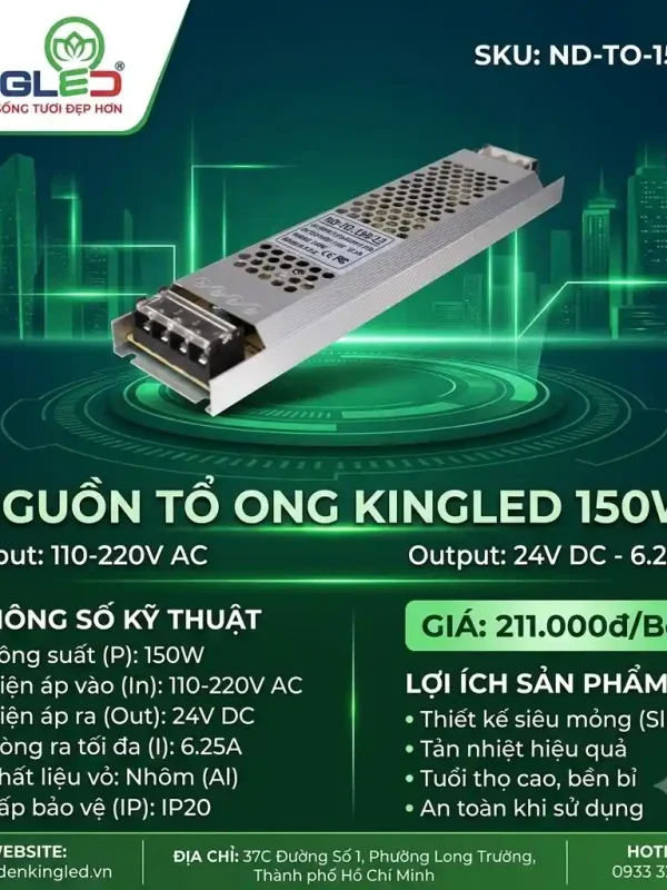 Phụ Kiện Nguồn Thanh Nhôm Định Hình Kingled Nguồn tổ ong 24V 150W kích thước 180x50x28mm