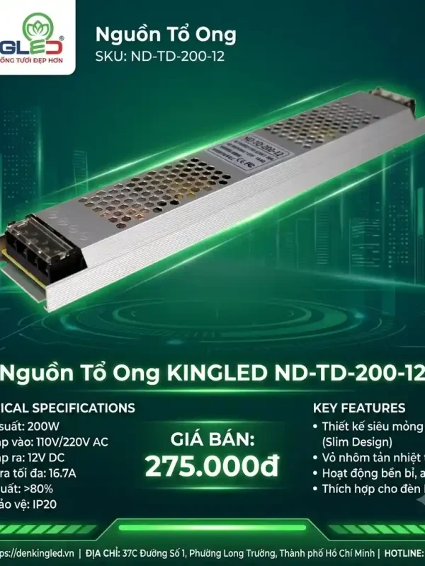 Phụ Kiện Nguồn Thanh Nhôm Định Hình Kingled Nguồn tổ ong 12V 200W kích thước 190x60x30mm