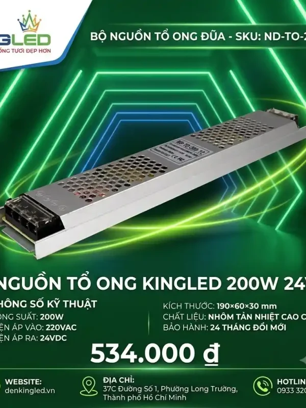 Phụ Kiện Nguồn Thanh Nhôm Định Hình Kingled Nguồn tổ ong 24V 200W kích thước 190x60x30mm