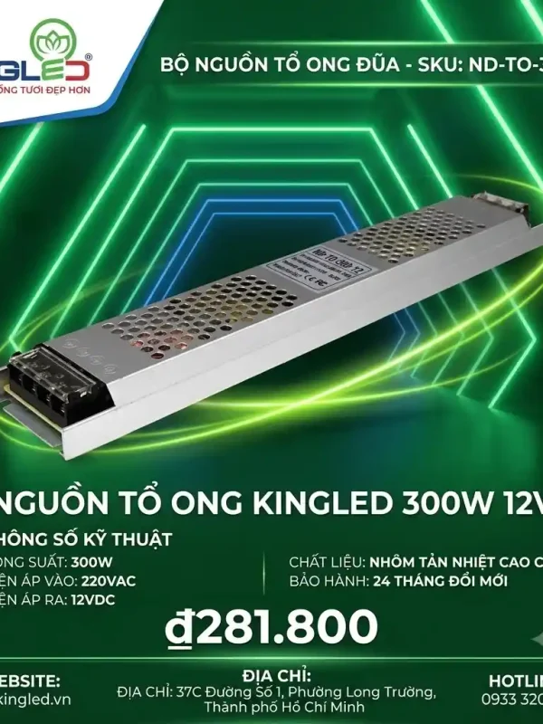 Phụ Kiện Nguồn Thanh Nhôm Định Hình Kingled Nguồn tổ ong 12V 300W kích thước 224x60x30mm