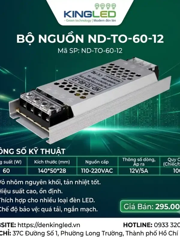 Phụ Kiện Nguồn Thanh Nhôm Định Hình Kingled Nguồn tổ ong 12V 60W kích thước 140x50x28mm