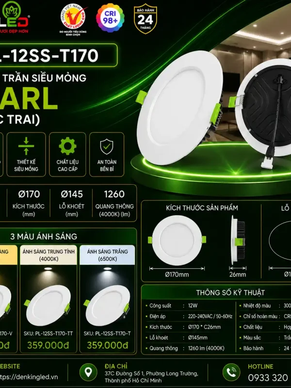Đèn led Âm Trần Siêu Mỏng Kingled Dòng Pearl, Tròn, 3 Chế Độ Ánh Sáng 12W Ø170*C21mm lỗ khoét Ø150mm