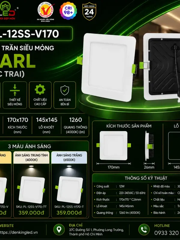 Đèn led Âm Trần Siêu Mỏng Kingled Dòng Pearl, Vuông, 3 Chế Độ Ánh Sáng 12W 170x170xC21mm lỗ khoét 150x150mm