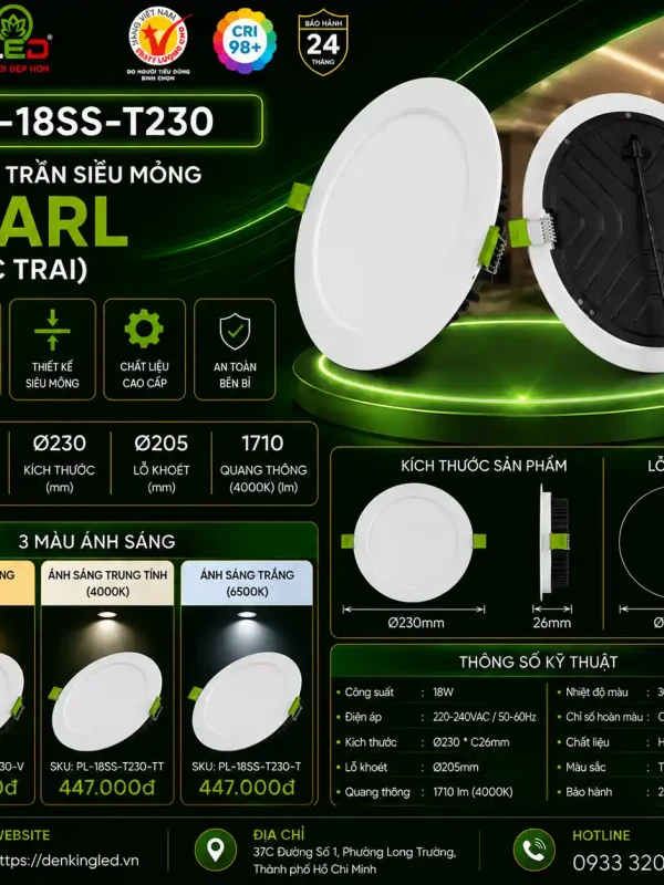 Đèn led Âm Trần Siêu Mỏng Kingled Dòng Pearl, Tròn, 3 Chế Độ Ánh Sáng 18W Ø230*C21mm lỗ khoét Ø210mm