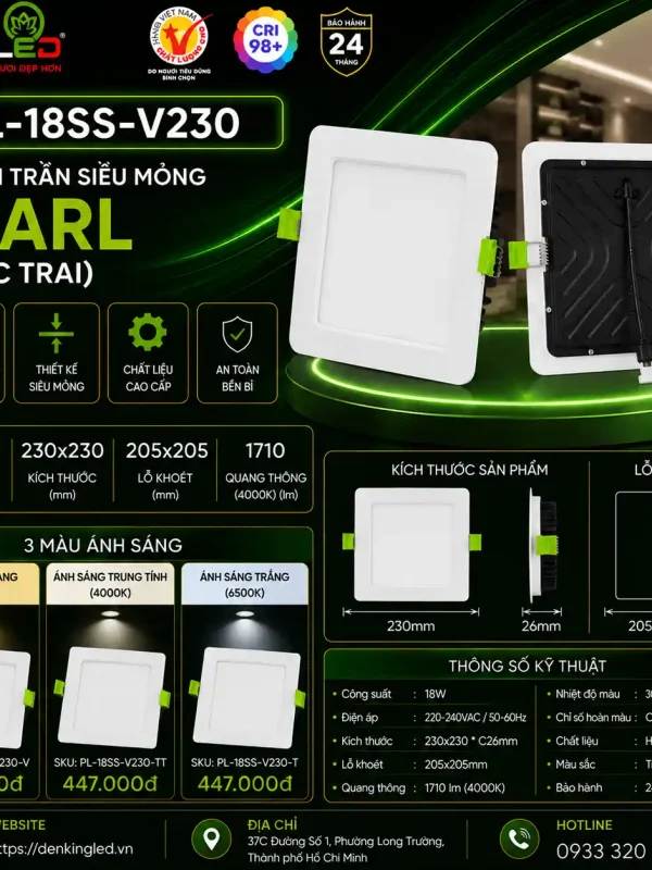 Đèn led Âm Trần Siêu Mỏng Kingled Dòng Pearl, Vuông, 3 Chế Độ Ánh Sáng 18W 230x230xC21mm lỗ khoét 210x210mm