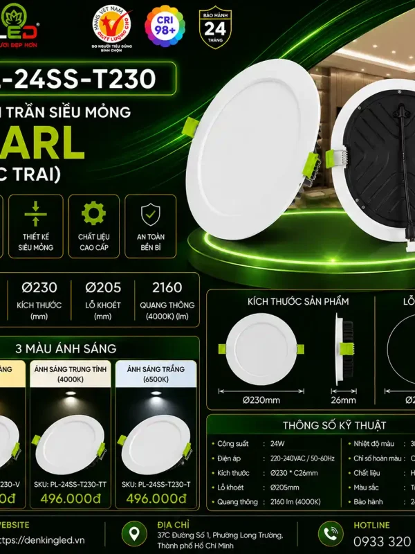 Đèn led Âm Trần Siêu Mỏng Kingled Dòng Pearl, Tròn, 3 Chế Độ Ánh Sáng 24W Ø230*C21mm lỗ khoét Ø210mm