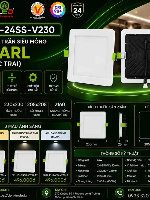 Đèn led Âm Trần Siêu Mỏng Kingled Dòng Pearl, Vuông, 3 Chế Độ Ánh Sáng 24W 230x230xC21mm lỗ khoét 210x210mm