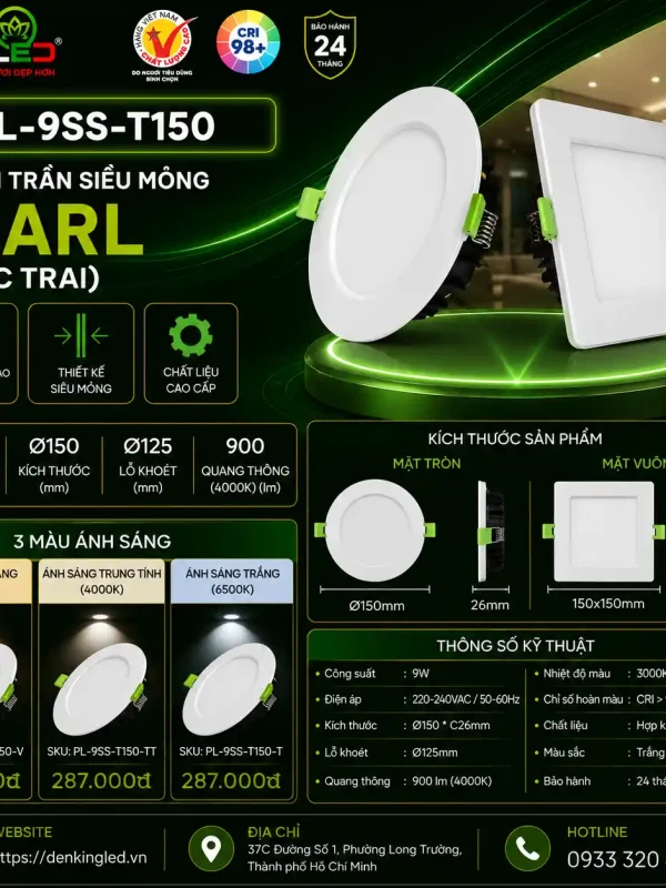 Đèn led Âm Trần Siêu Mỏng Kingled Dòng Pearl, Tròn, 3 Chế Độ Ánh Sáng 9W Ø150*C21mm lỗ khoét Ø130mm