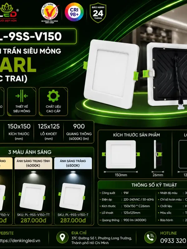 Đèn led Âm Trần Siêu Mỏng Kingled Dòng Pearl, Vuông, 3 Chế Độ Ánh Sáng 9W 150x150xC21mm lỗ khoét 130x130mm