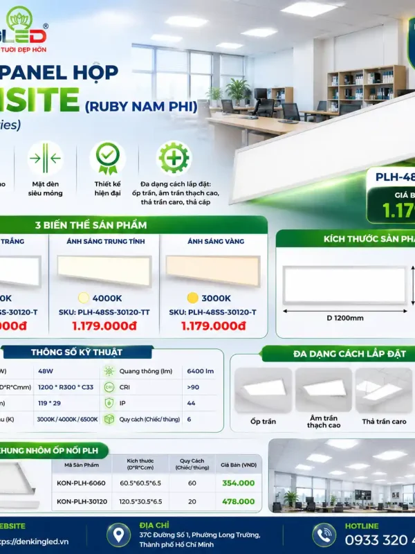 Đèn led Panel Hộp Kingled Dòng Zoisite 48W kích thước D1200xR300xC33mm lỗ khoét 1190x290mm