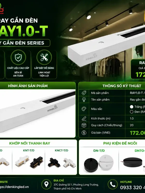 Phụ Kiện Thanh Ray Đèn led Rọi Ray Kingled Ray, Ray gắn đèn led Trắng / Đen kích thước 1.0m