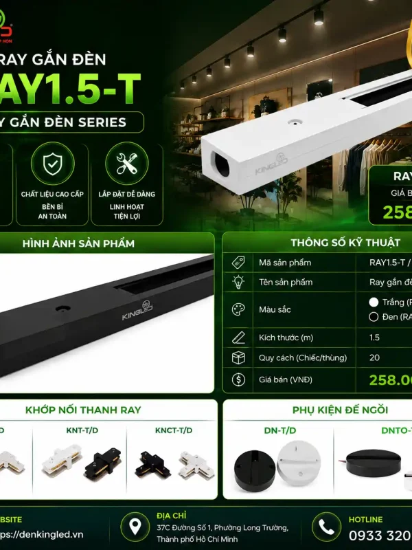 Phụ Kiện Thanh Ray Đèn led Rọi Ray Kingled Ray, Ray gắn đèn led Trắng / Đen kích thước 1.5m