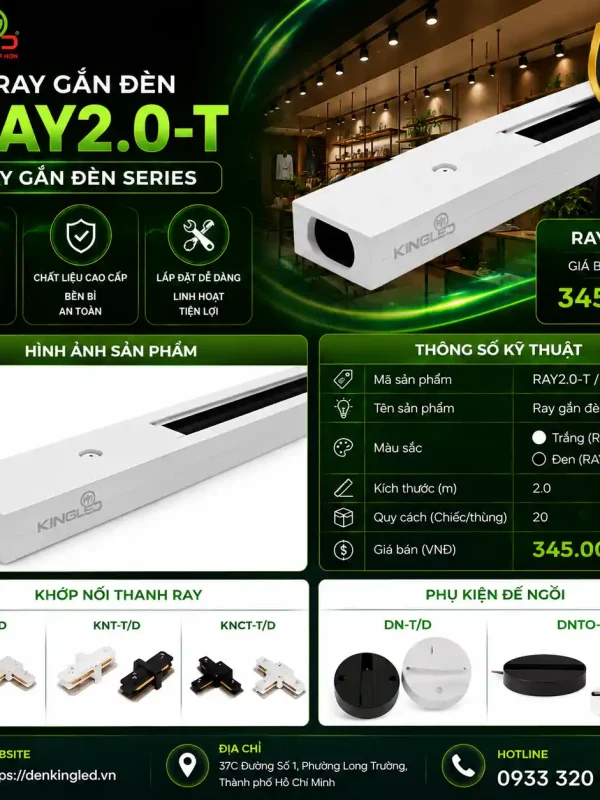 Phụ Kiện Thanh Ray Đèn led Rọi Ray Kingled Ray, Ray gắn đèn led Trắng / Đen kích thước 2.0m