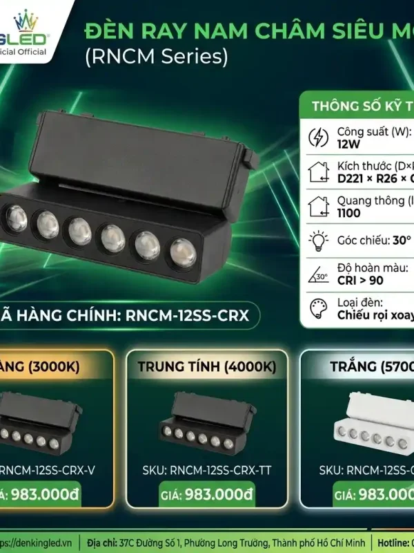 Đèn led Ray Nam Châm Siêu Mỏng Kingled Chiếu rọi xoay, 3 Chế Độ Ánh Sáng 12W kích thước D221xR26xC78mm góc chiếu 30°