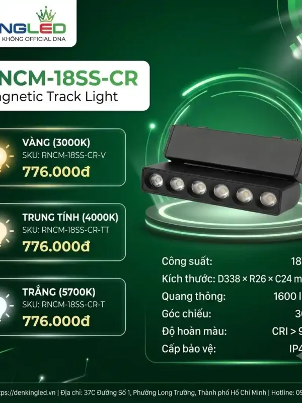 Đèn led Ray Nam Châm Siêu Mỏng Kingled Chiếu rọi, 3 Chế Độ Ánh Sáng 18W kích thước D338xR26xC24mm góc chiếu 30°