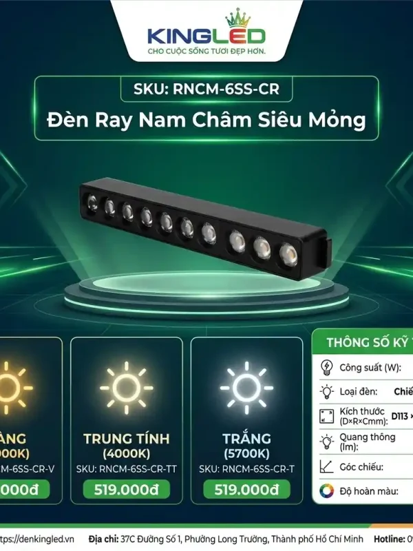 Đèn led Ray Nam Châm Siêu Mỏng Kingled Chiếu rọi, 3 Chế Độ Ánh Sáng 6W kích thước D113xR26xC27mm góc chiếu 30°
