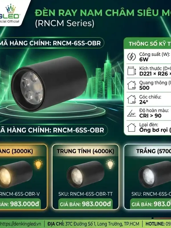 Đèn led Ray Nam Châm Siêu Mỏng Kingled Ống bơ rọi, 3 Chế Độ Ánh Sáng 6W kích thước R75xC75mm góc chiếu 24°
