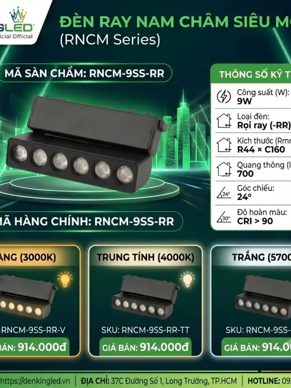 Đèn led Ray Nam Châm Siêu Mỏng Kingled Rọi ray, 3 Chế Độ Ánh Sáng 9W kích thước R44xC160mm góc chiếu 24°