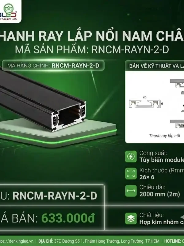 Phụ Kiện Ray Nam Châm Siêu Mỏng Kingled Thanh ray lắp nổi kích thước 2000x26x6mm