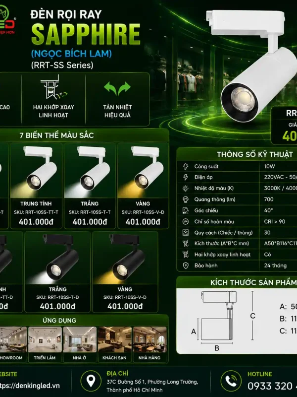 Đèn led Rọi Ray Kingled Dòng Sapphire, Vỏ Trắng, góc chiếu 40°, 3 Chế Độ Ánh Sáng 10W kích thước A50xB116xC116mm