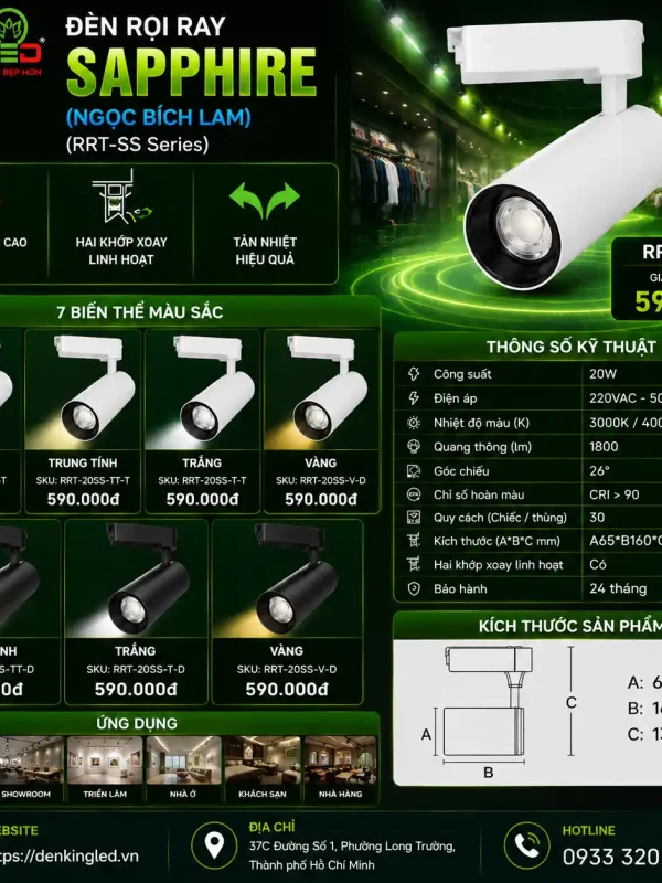 Đèn led Rọi Ray Kingled Dòng Sapphire, Vỏ Trắng, góc chiếu 26°, 3 Chế Độ Ánh Sáng 20W kích thước A65xB160xC135mm