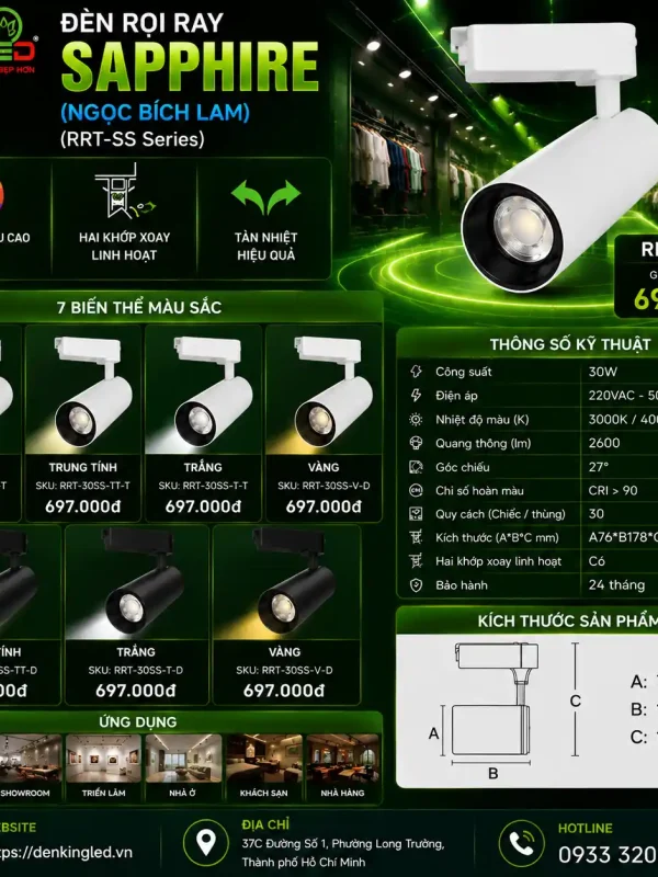 Đèn led Rọi Ray Kingled Dòng Sapphire, Vỏ Trắng, góc chiếu 27°, 3 Chế Độ Ánh Sáng 30W kích thước A76xB178xC149mm