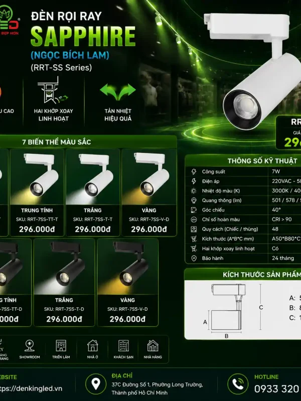 Đèn led Rọi Ray Kingled Dòng Sapphire, Vỏ Trắng, góc chiếu 40°, 3 Chế Độ Ánh Sáng 7W kích thước A50xB80xC115mm