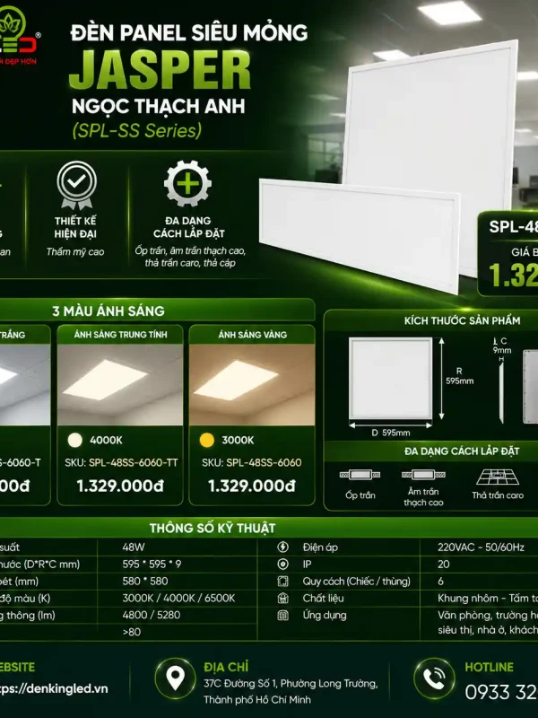 Đèn led Panel Siêu Mỏng Kingled Dòng Jasper 48W kích thước D600xR600xC9mm lỗ khoét 580x580mm