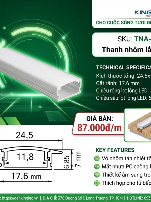 Phụ Kiện Nguồn Thanh Nhôm Định Hình Kingled Thanh nhôm lắp âm kích thước 24.5x7x15mm