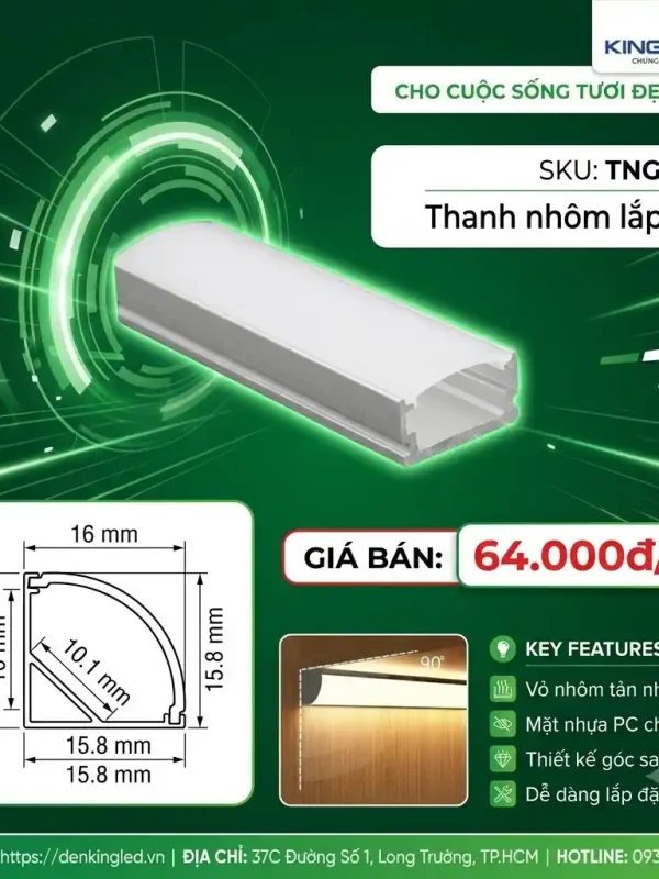 Phụ Kiện Nguồn Thanh Nhôm Định Hình Kingled Thanh nhôm lắp góc kích thước 16x16x10mm