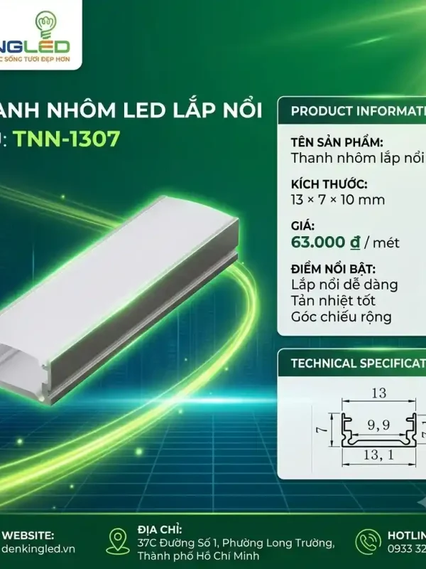 Phụ Kiện Nguồn Thanh Nhôm Định Hình Kingled Thanh nhôm lắp nổi kích thước 13x7x10mm