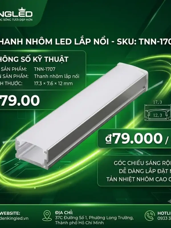 Phụ Kiện Nguồn Thanh Nhôm Định Hình Kingled Thanh nhôm lắp nổi kích thước 17.3x7.6x12mm