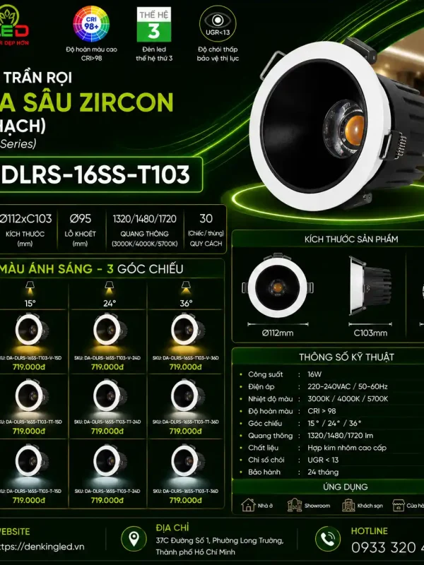 Đèn LED Spotlight âm trần DA-DLRS-16SS-T103-TT (Trung tính)